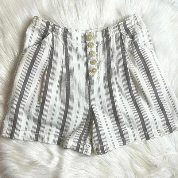 Anthropologie Coastal Linen Cotten Blend Striped High-Waist Button Shorts - Picture 2 of 11